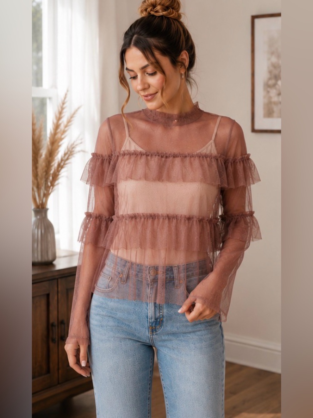 28 NWT POL Sheer Mauve Ruffle Mesh Long Sleeve Top Small Romantic Boho Blouse